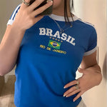 Womens Aesthetic BRASIL Letter Print T-Shirt and Shorts Suit, Vintage Grunge  Short Sleeve Baby Tees, Summer Crop Top Y2k Clothe GooseBay