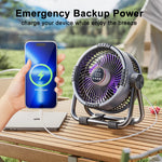 Ventilador Portátil de Camping 20000mAh — Recargable con Luz y Gancho GooseBay