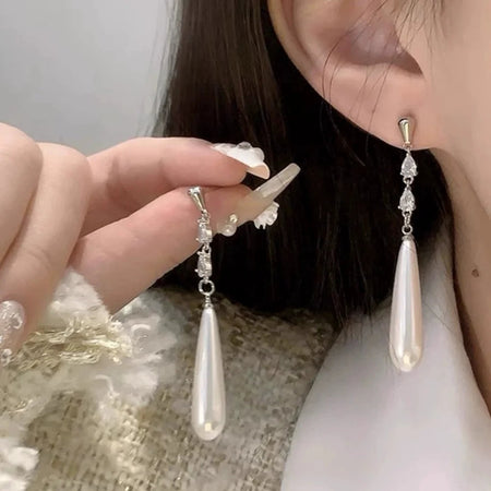 Geometric Zircon Simulated-pearl Water Drop Pendant Women's Earrings Classic Trendy Style Versatile Chinese Style Jewelry Gift