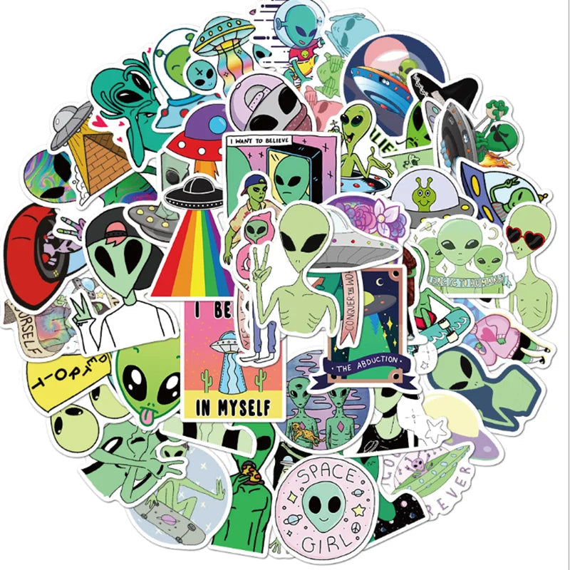 Pack de 50 Pegatinas Impermeables de Graffiti Alien — Para Skate, Casco y Más