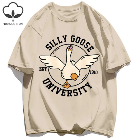 Silly Goose University Printing Mens T-Shirts Summer Cotton All-Match Loose T Shirt Crewneck Streetwear Hip Hop Soft Clothes