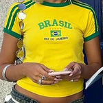Womens Aesthetic BRASIL Letter Print T-Shirt and Shorts Suit, Vintage Grunge  Short Sleeve Baby Tees, Summer Crop Top Y2k Clothe GooseBay
