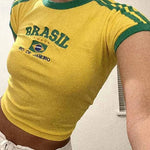 Womens Aesthetic BRASIL Letter Print T-Shirt and Shorts Suit, Vintage Grunge  Short Sleeve Baby Tees, Summer Crop Top Y2k Clothe GooseBay