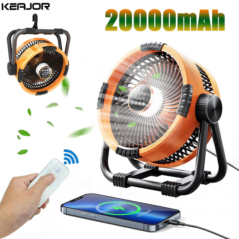 Ventilador Portátil de Camping 20000mAh — Recargable con Luz y Gancho